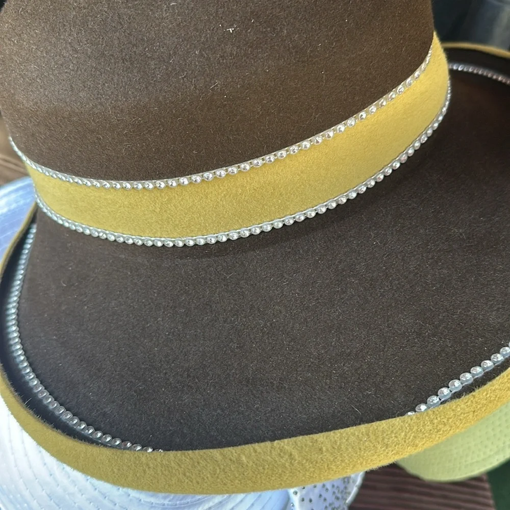 Jack McConnell brown & Yellow with rhinestones Vintage Ladies hat